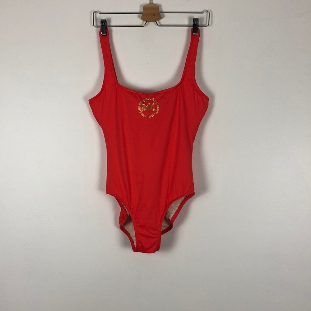Michael Kors orange one piece built in bra pad with logo on front Size 12